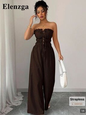 Strapless Brown Wide-Leg Jumpsuit